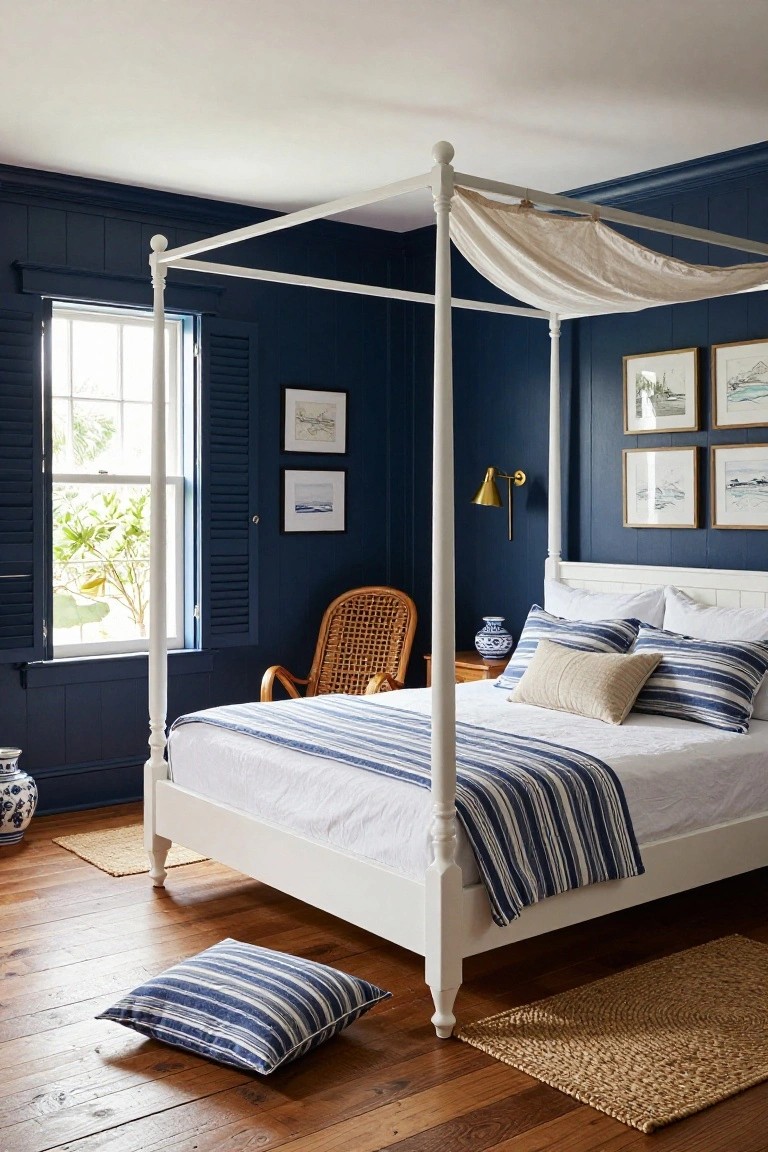 A bedroom featuring navy paneled walls, a white four-poster bed with beige canopy drape and navy-white striped bedding, rattan armchair, blue-and-white vase on nightstand, and framed artwork.