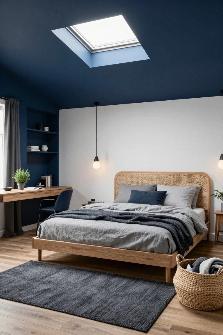 Bedroom with dark navy sloped ceiling and central skylight, light wooden platform bed with rattan headboard and gray linens, wooden desk with blue chair, navy shelving unit with plants and books, black rug, and wood flooring.