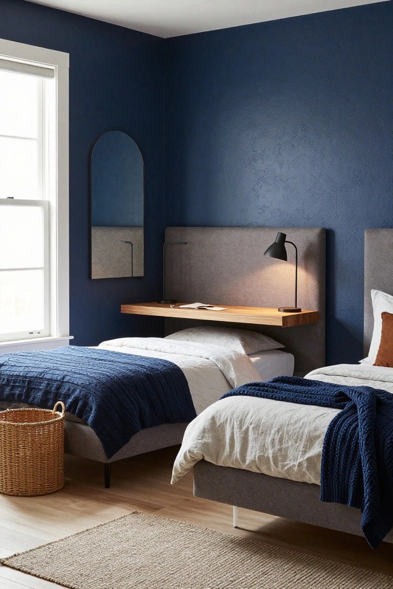 Navy blue bedroom corner with two adjacent twin beds against the wall, gray upholstered headboards, floating wooden shelf desk with lamp and book, arched black mirror on wall, white-shaded window, seagrass rug on wood floor, wicker basket nearby.