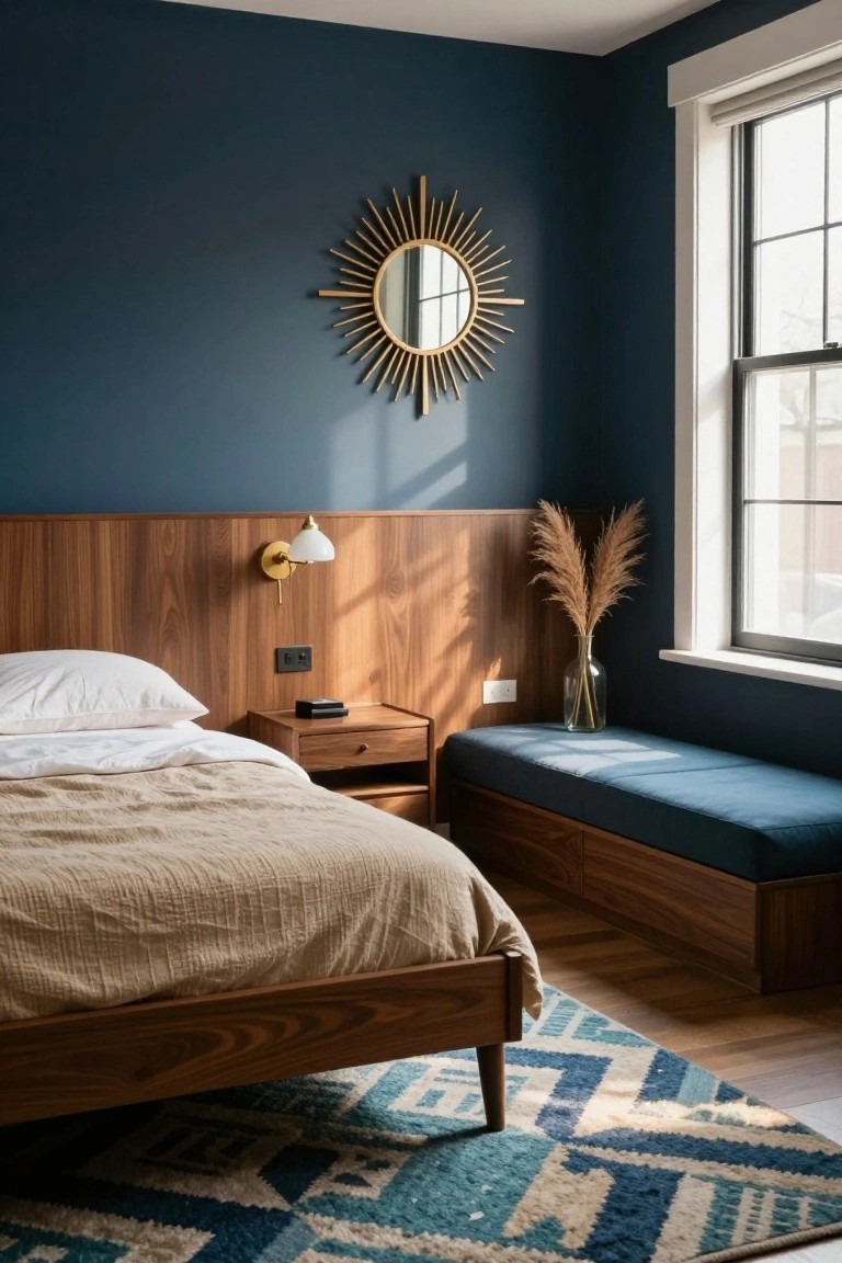 Bedroom with navy blue walls, full-height walnut wood panel and headboard behind a bed with white pillows and beige linens, matching wood nightstand, blue cushioned bench, gold sunburst mirror, pampas grass in glass vase near window, and teal rug on wood floor.