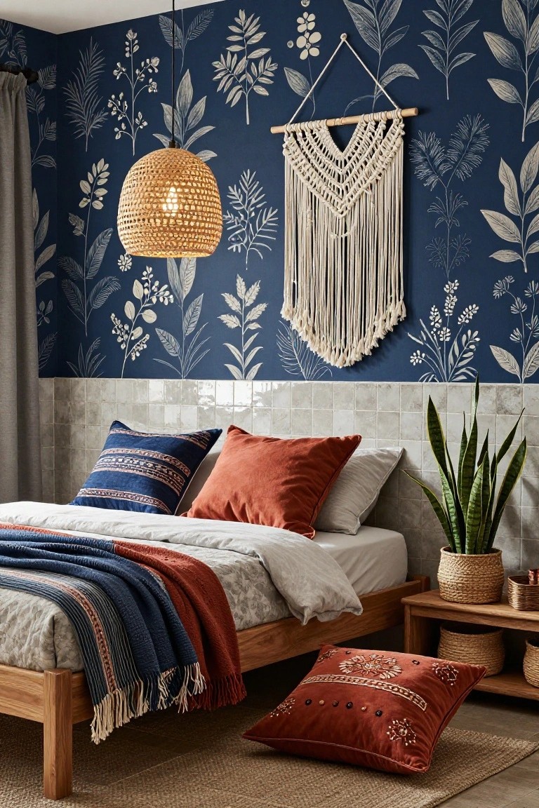 Bedroom with dark navy wallpaper featuring white botanical leaf and flower prints on one wall, wooden bed frame with blue and rust bedding, rattan pendant light, macrame hanging, snake plant in basket, and terracotta pillows on floor.