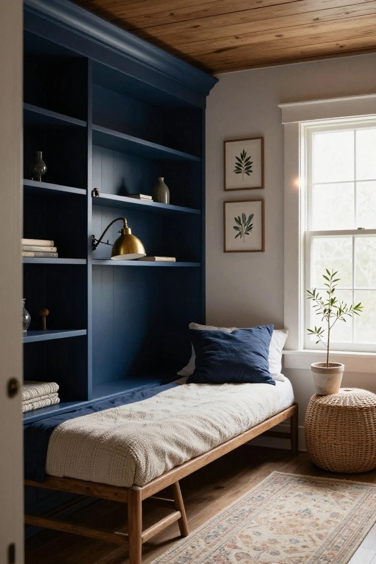 Navy blue built-in shelving unit in a bedroom corner with books, brass wall lamp, glass vases, wood bench with white bedding and blue pillow, potted olive tree by window, beige rug on wood floor.