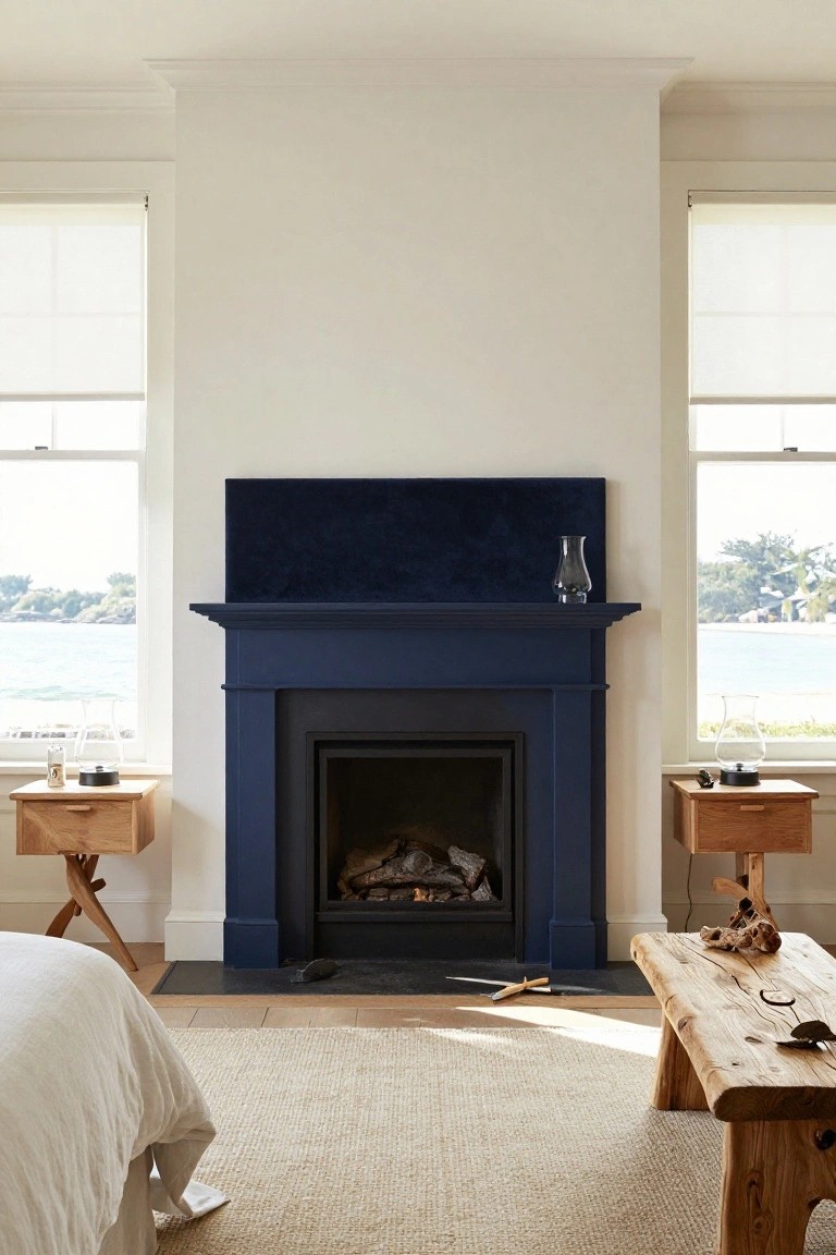 Bedroom with navy blue fireplace mantel and lit fire, white walls, large windows overlooking water, wooden side tables and bench, white bed linens, and seagrass rug.