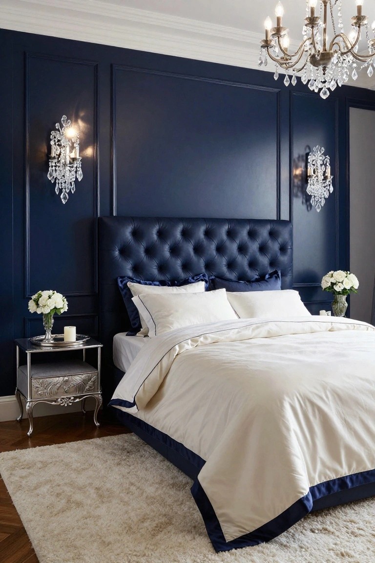 Bedroom with navy blue paneled walls, navy tufted leather headboard, white duvet with navy trim, crystal chandelier overhead, matching wall sconces, glass nightstands holding white roses and candles, light rug on wood floors.