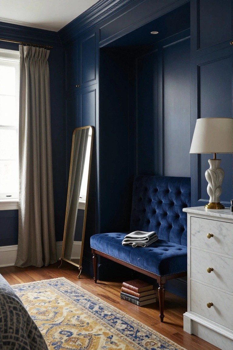 Bedroom corner with dark navy blue paneled walls, gold full-length mirror, tufted navy velvet bench with gray throw, white marble dresser topped with lamp and books, gray curtains on window, and wood floor with patterned rug.