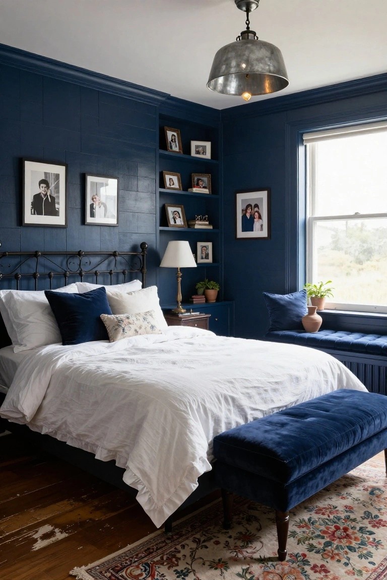 Bedroom with dark navy plank-paneled walls, black metal bed frame topped with white linens and blue velvet pillows, built-in shelves holding framed photos, a blue velvet window seat bench by a large window, potted plants, and hardwood floors with a colorful rug.