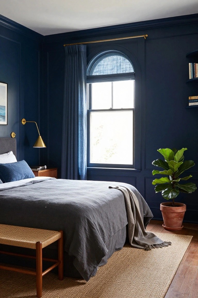 Bedroom with navy blue paneled walls, gray upholstered bed with white and blue pillows and gray linens, wooden nightstand and bench, brass swing-arm lamp, blue curtains on arched window with roman shade, floating shelves with books, fiddle leaf fig in terracotta pot, seagrass rug on hardwood floor