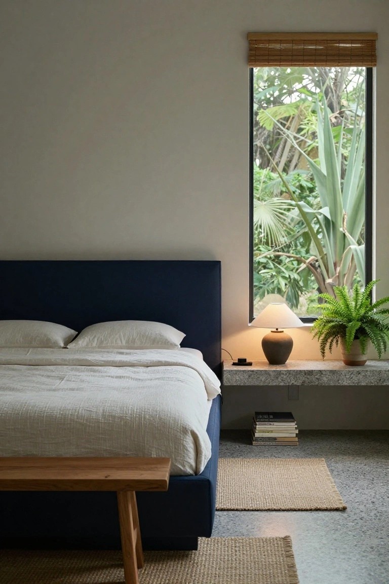 Bedroom with navy blue upholstered headboard and white linen bedding, bedside shelf holding lamp, books, fern plant, and charger, large black-framed window showing tropical plants outside, wooden bench, seagrass rugs on polished concrete floor.