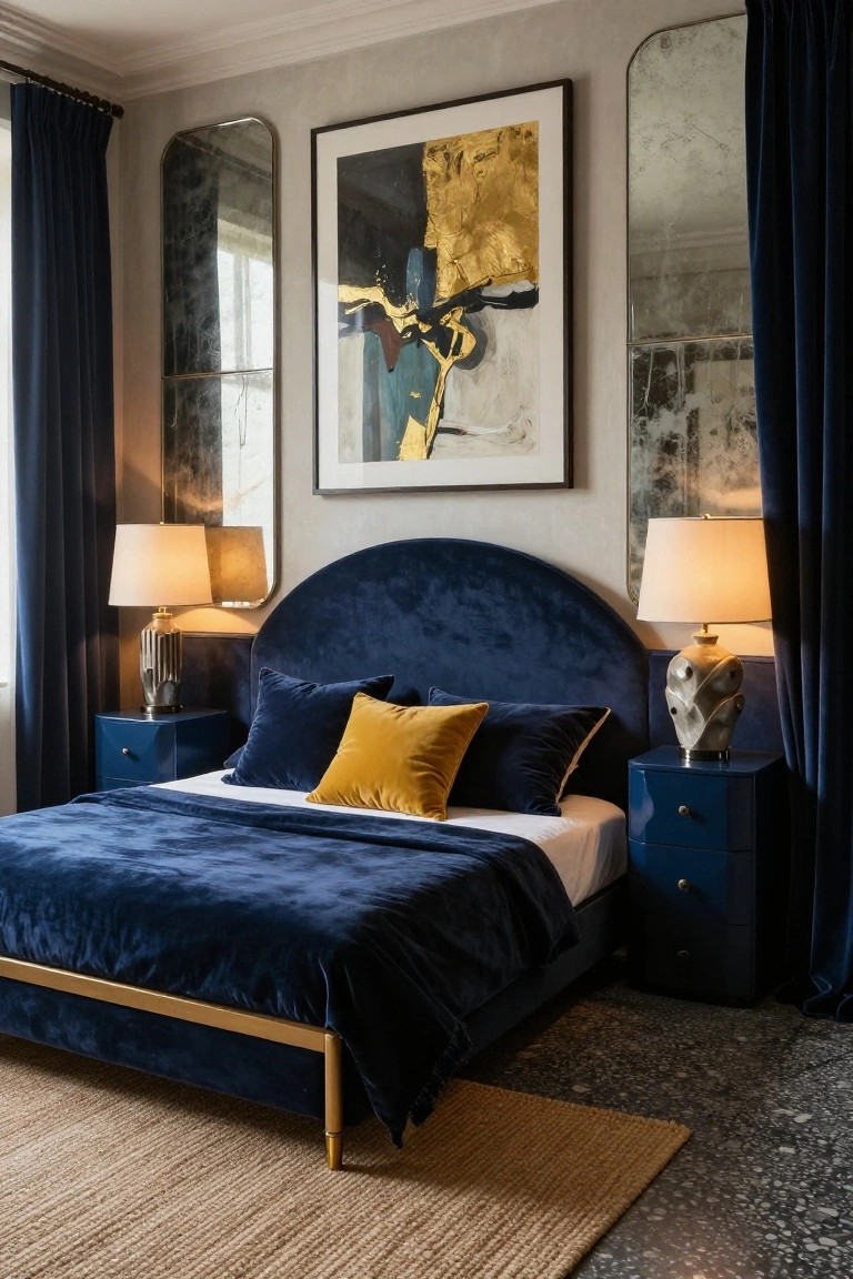 Bedroom with navy velvet upholstered bed on gold legs, navy bedside tables with ceramic lamps, arched mirrors, large abstract gold and navy artwork, mustard pillows, navy curtains, and seagrass rug on terrazzo floor.