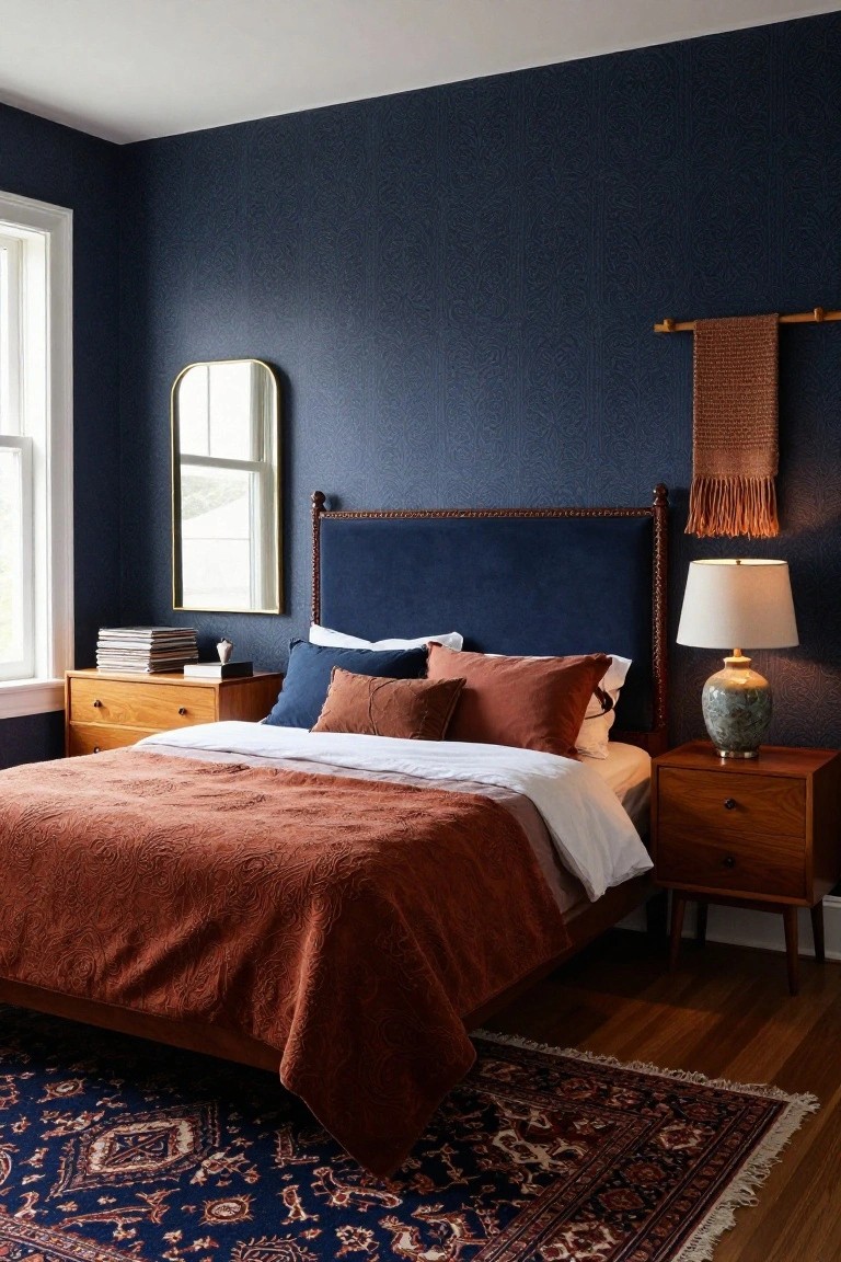 A corner bedroom with navy patterned wallpaper on walls, a blue velvet tufted headboard on a wood bed frame covered in rust quilt and mixed pillows, wooden nightstands with lamp and books, gold mirror, and blue Persian rug on hardwood floors.