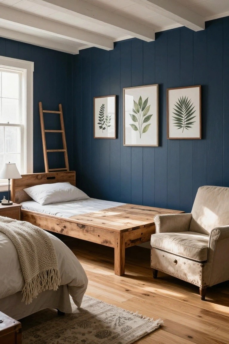 Cozy bedroom with dark navy shiplap walls, low rustic wooden daybed topped with white sheets and cream knit throw, leaning wooden ladder shelf, three framed leaf artwork, beige armchair, side table with lamp, and light wood floors.
