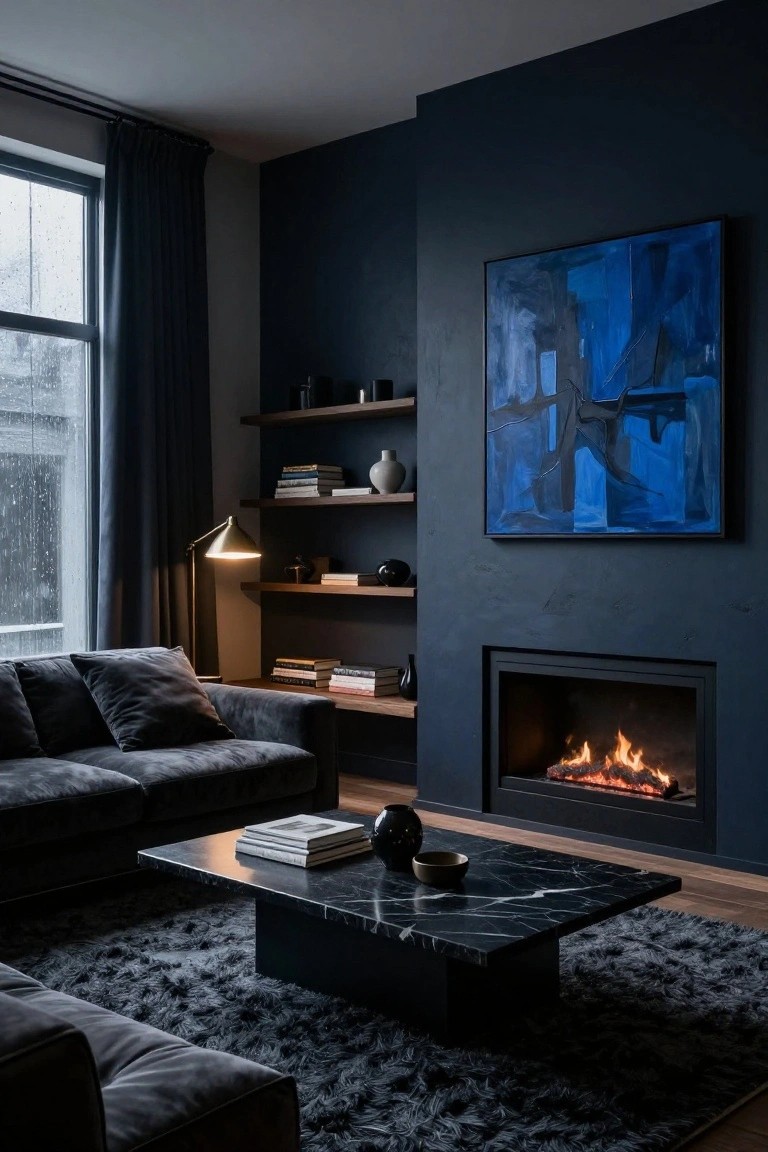 Modern living room interior with dark navy textured walls, black velvet L-shaped sofa, low black marble coffee table, built-in gas fireplace with flames, floating wooden shelves holding books and ceramics, adjustable lamp, and large window showing rain outside.