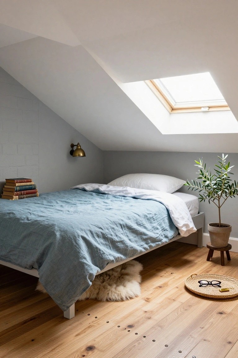 Small attic bedroom with low white platform bed covered in blue linen duvet and white sheets, stacked vintage books on the floor nearby, potted olive tree, brass wall sconce, skylight in sloped ceiling, light wood floors, and sheepskin rug.
