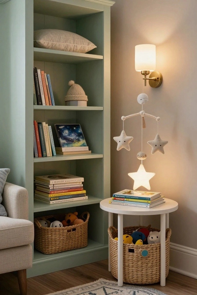 Mint green corner bookshelf in a nursery with children's books, knit hat, starry book cover, stacked books, wicker baskets of stuffed toys, beige armchair, white side table with books, starry fabric mobile, and white wall lamp.
