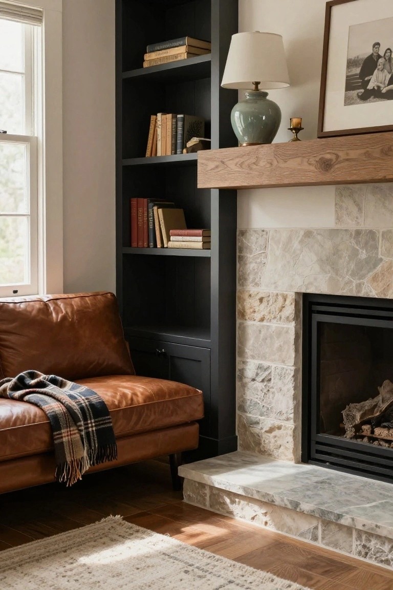 Cozy indoor reading nook with tall black built-in bookshelves flanking a light stone fireplace, brown leather armchair with plaid throw blanket, green ceramic lamp and candle on shelf, wood mantel, framed family photo, window with blinds, wood floor, and woven rug.