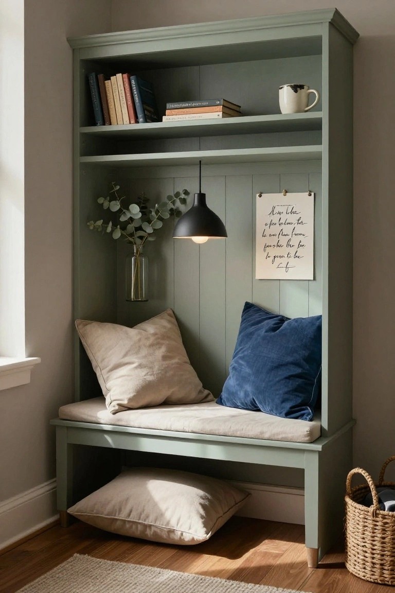 Cozy reading nook with green built-in bench, cushions, books, pendant light, and decor.