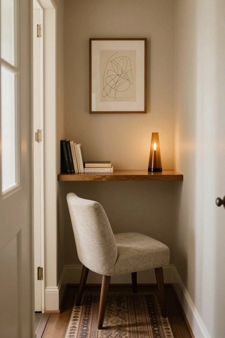Narrow indoor alcove with beige walls, a floating wooden shelf holding stacked books and a lit conical amber lamp, a cream upholstered armchair below, wooden floor with patterned rug, and an open white door nearby.