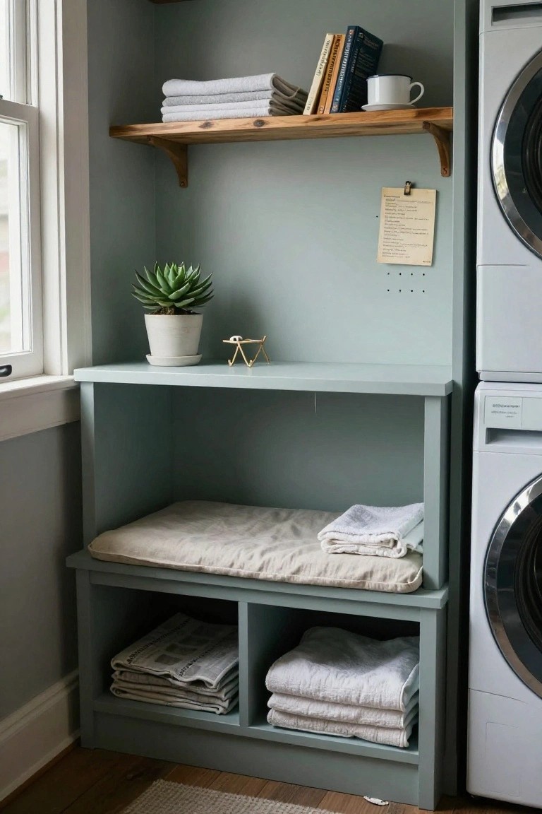 Teal built-in bench with linen cushion and storage cubbies for towels next to white washer and dryer, wooden shelves above with folded towels, books, mug, and potted succulent, in a room with window and pegboard note.