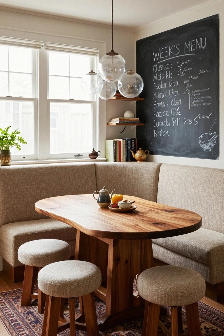 Beige L-shaped banquette seating in a kitchen corner around an oval live-edge wooden table with four matching pouf stools, a tea set and oranges on the table, pendant lights above, chalkboard week's menu on the wall, plants, and windows nearby.