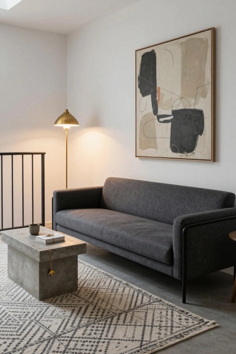 Gray fabric sofa with black metal frame in a loft room beside metal railing, concrete coffee table with books and mug, gold arched floor lamp lit up, beige patterned rug, and large abstract painting on white wall.