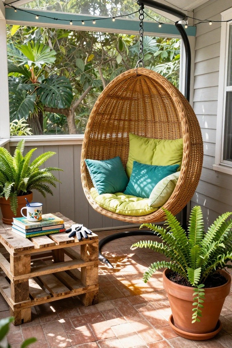 Rattan egg-shaped hanging chair with green and teal cushions on a covered porch next to a pallet side table with books, mug, and gloves, surrounded by potted ferns and tropical plants visible through screens.
