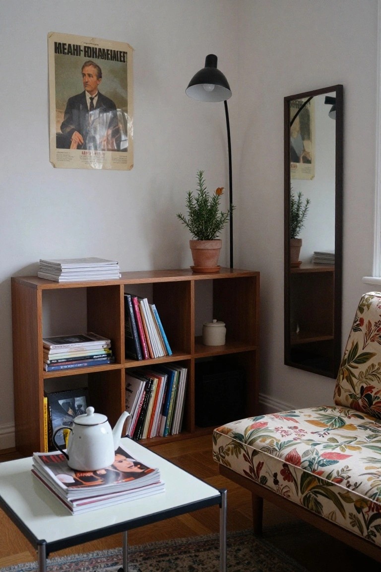 Wooden cube bookshelves filled with books and a white ceramic pot in a room corner next to a floral armchair, low white coffee table holding a teapot and stacked magazines, arc floor lamp, potted rosemary plant, mirror, and vintage poster on the wall.
