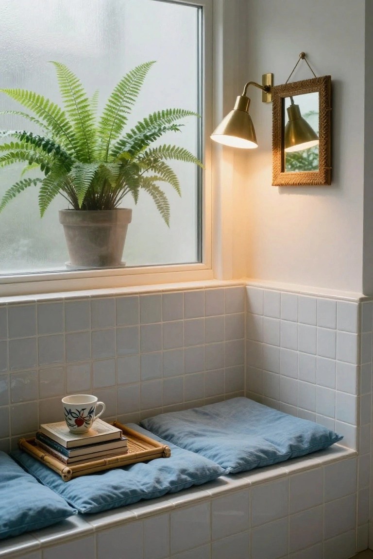 Tiled indoor corner with built-in bench seat under a foggy window, blue cushions, bamboo tray holding stacked books and white teacup with floral pattern, potted fern, brass wall lamps, and rattan-framed mirror.