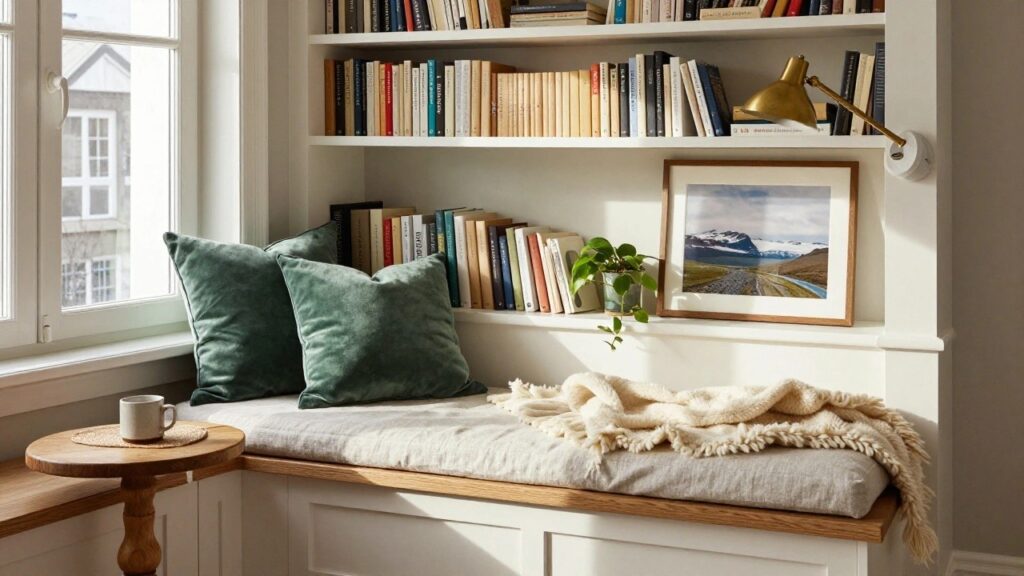 21 Cozy Reading Nook Ideas That Instantly Relax the Space White built-in corner window seat with green velvet pillows, white sheepskin throw, and wooden side table holding a ceramic mug, surrounded by bookshelves with books, plants, and a framed mountain photo, beside a large window with sheer shades.