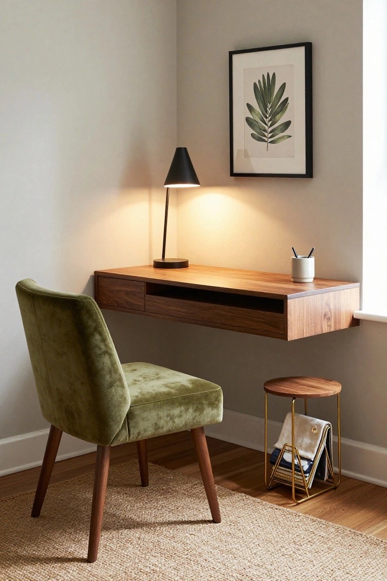 Corner room setup with wall-mounted wooden desk, drawer, green velvet chair, black lamp on desk, white mug, pencils, leaf artwork on wall, small round wooden side table with gold magazine rack, beige walls, wood floor, seagrass rug.