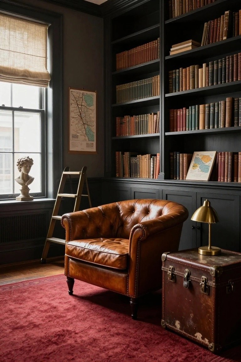 Dark-paneled library interior with floor-to-ceiling bookshelves filled with books, brown tufted leather armchair, wooden step ladder, brass lamp on vintage leather trunk side table, red rug, and window with map poster and classical bust.