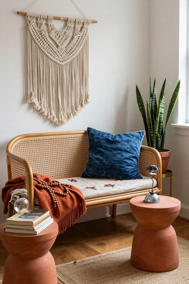 Curved rattan loveseat with blue cushion and orange throw blanket in a white-walled corner, flanked by terracotta stools holding books and a lamp, snake plant in pot, macrame wall hanging, on wooden floor with seagrass rug.