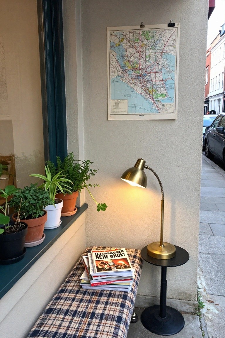 Indoor window bench covered in plaid fabric next to potted plants on the sill, a brass gooseneck lamp on a black pedestal table with stacks of books, a map on the wall, and a view of a street outside.