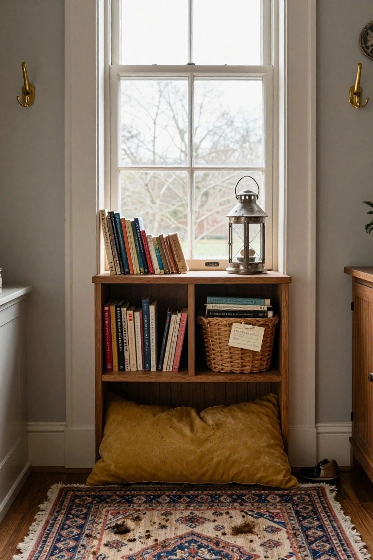 Wooden bookshelf under a tall window with books on shelves, a metal lantern on top, yellow floor cushion in front, woven basket, and patterned rug on wood floor.