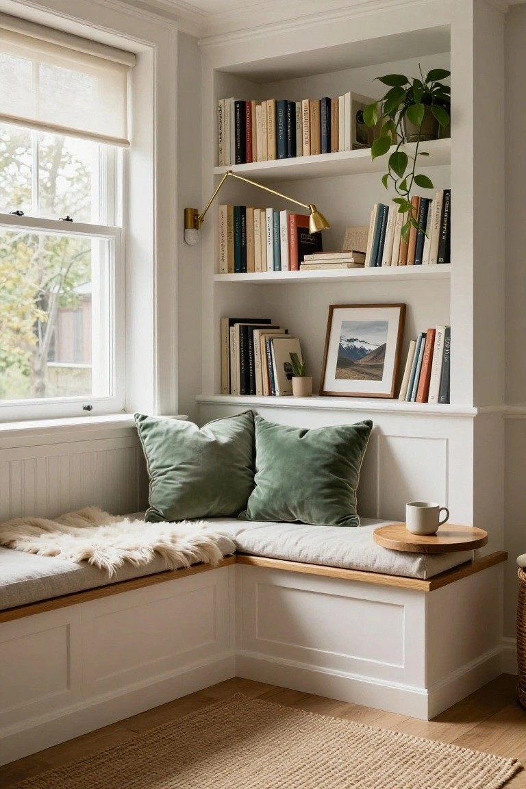 White built-in corner window seat with green velvet pillows, white sheepskin throw, and wooden side table holding a ceramic mug, surrounded by bookshelves with books, plants, and a framed mountain photo, beside a large window with sheer shades.