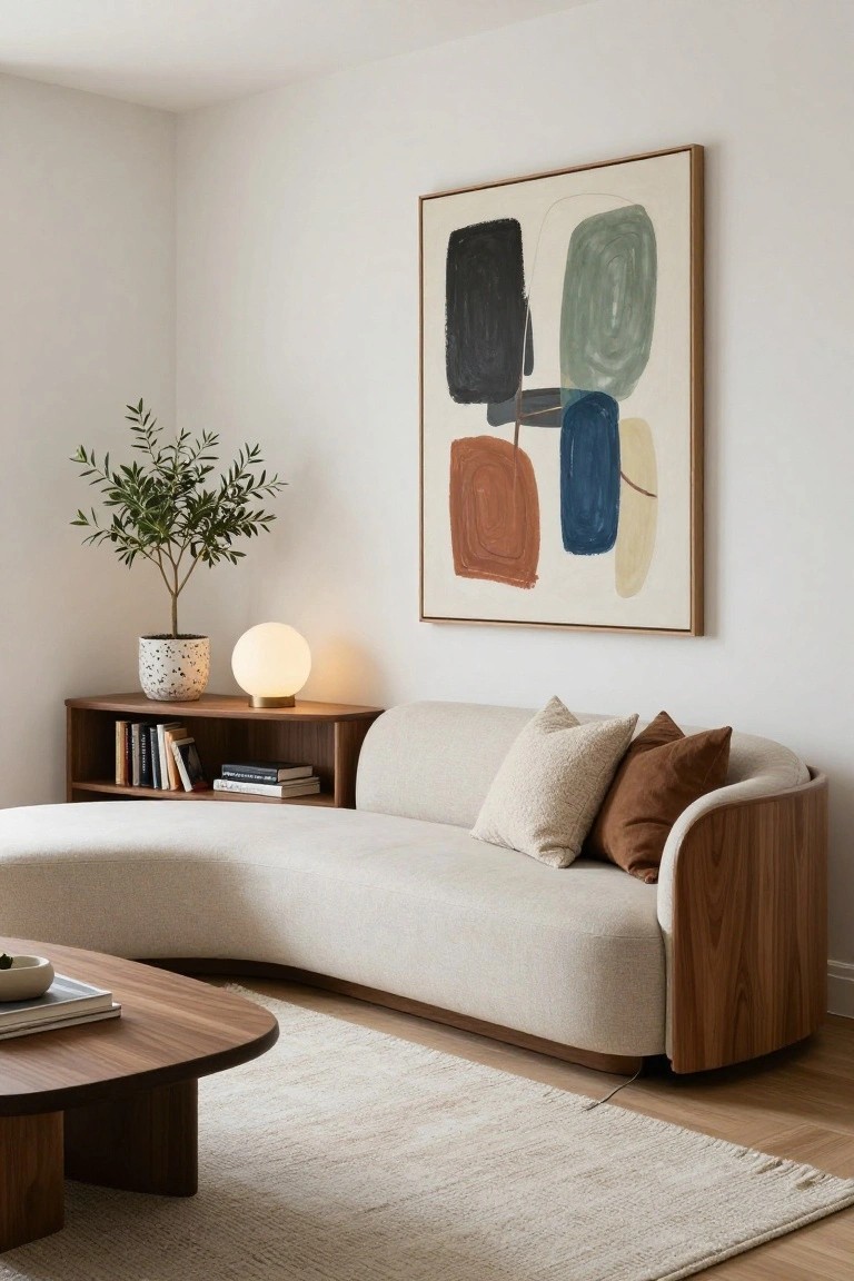 Modern living room corner with curved cream sofa on wood base, adjacent wood console with books and white globe lamp, potted olive tree in speckled pot, large abstract painting in wood frame, oval wood coffee table, and cream rug on wood floor.