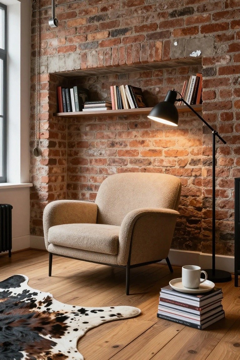 Beige fabric armchair on a black metal frame positioned against an exposed brick wall in a room with wooden flooring, cowhide rug, black floor lamp, wall shelf of books, and stack of books with teacup nearby.