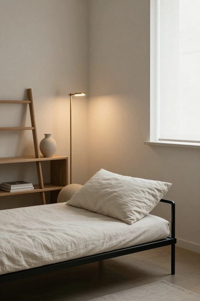 Minimalist bedroom corner with low black metal bed frame covered in beige linen sheets and white pillows, wooden ladder shelf holding books and leaning on wall, tall beige floor lamp lit up, large terracotta vase on shelf base, neutral walls and window with shade.