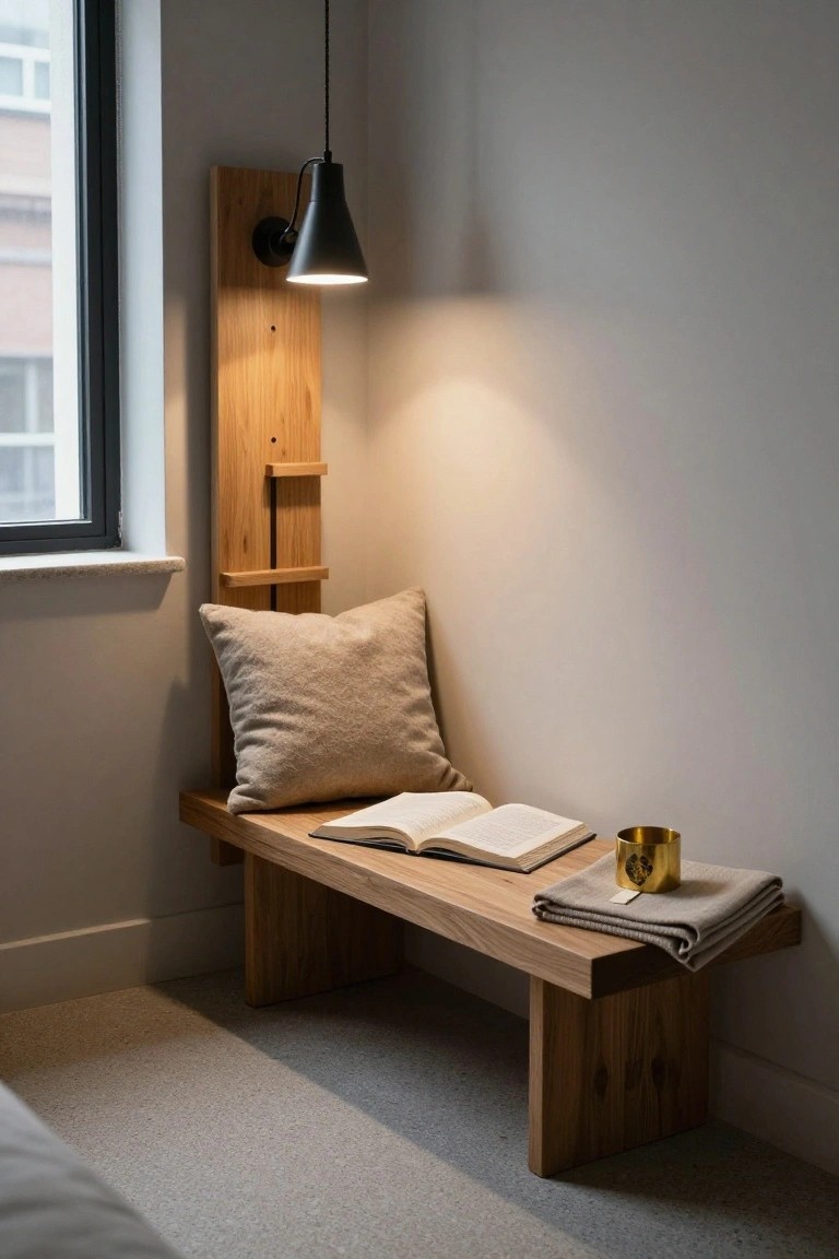 Wooden bench built against a beige wall next to a window, with beige pillow, open book, gold cup on beige cloth, and black wall lamp above.