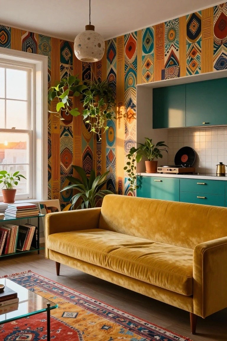 Cozy studio apartment interior with vibrant geometric patterned wallpaper on walls, mustard yellow velvet sofa, teal kitchen cabinets, houseplants, bookshelves, record player, and pendant light.