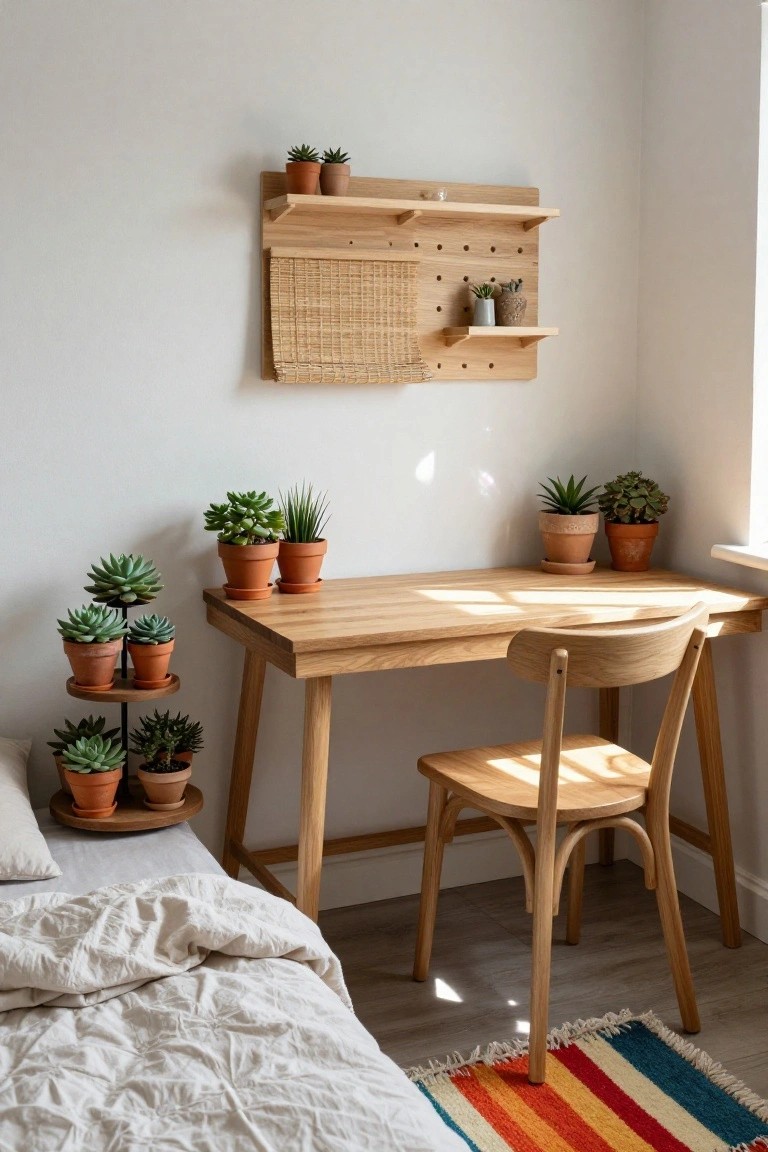 Bedroom corner with wooden desk and chair, tiered metal stand holding multiple potted succulents, bed with beige sheets, wall-mounted oak shelves with plants and pots, and colorful striped rug on wood floor.