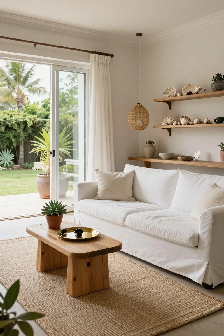 White slipcovered sofa facing open sliding glass doors to a tropical garden, with wooden coffee table on seagrass rug, potted plants, and wooden shelves displaying shells in a light-walled living room.