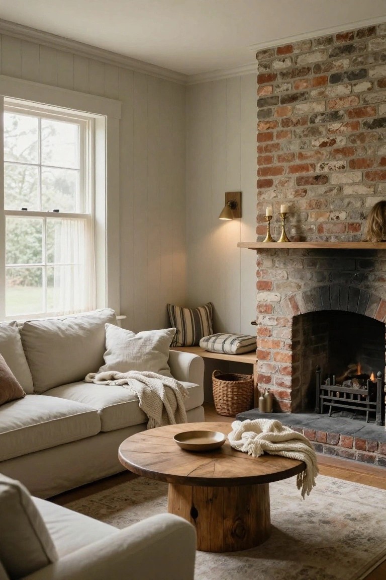 Living room with exposed brick fireplace, cream shiplap walls, white slipcovered sofa draped in linen throws, round wooden coffee table, and window overlooking greenery.