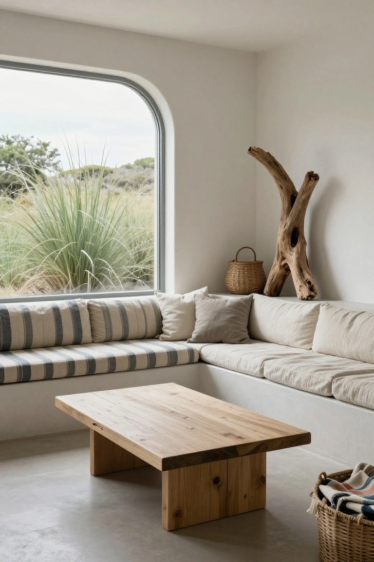 A minimalist white living room corner with a large curved window overlooking coastal greenery and dunes, featuring built-in bench seating with beige and striped cushions, a low rectangular wooden coffee table, tall driftwood sculpture, woven baskets, and neutral pillows.