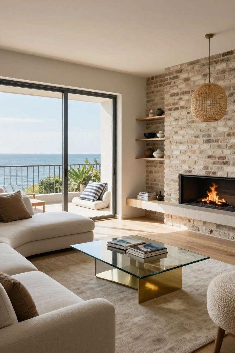 Bright living room with white L-shaped sofa, gold-framed glass coffee table, beige brick wall fireplace with floating oak shelves, large sliding glass doors to ocean-view balcony, rattan pendant light, and beige rug on oak floors.