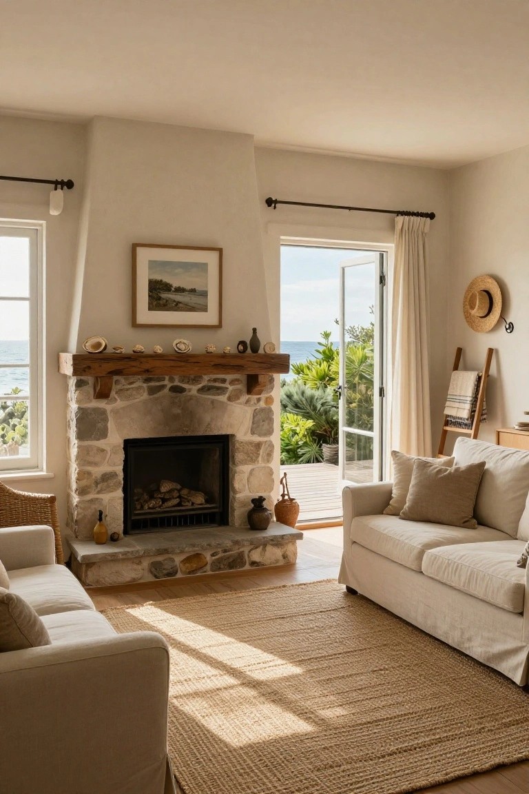 Living room with a stone fireplace, neutral linen sofas, jute rug on wood floor, open glass doors to ocean view, and shell decor on mantel.