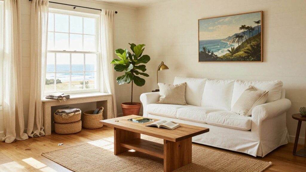 21 Cozy Summer Living Room Ideas That Keep Things Light Sunlit living room with cream sofa, wooden coffee table on jute rug, fiddle leaf fig plant beside white stone fireplace, sheer curtains on large windows, and neutral walls with coastal artwork.
