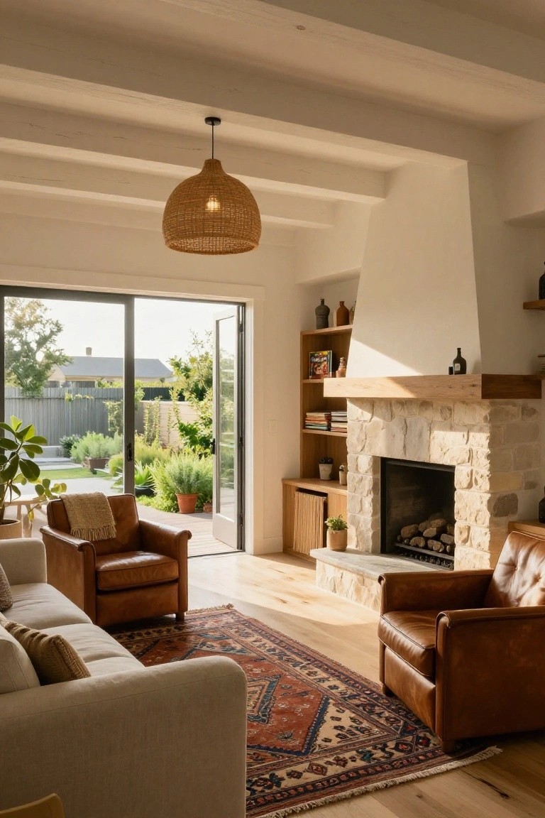 Light-filled living room with cream sofa, brown leather armchairs on wood floors, rattan pendant light, oak bookshelves, stone fireplace, and open sliding glass doors revealing backyard garden with trees, shrubs, and potted plants.