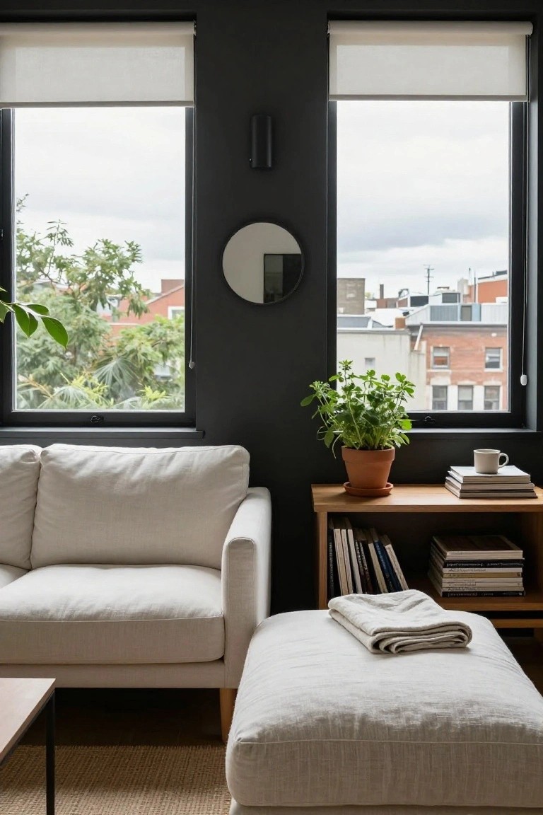 Living room with dark gray walls, two large black-framed windows with white sheer roller blinds showing cloudy sky and trees, white upholstered L-shaped sofa and ottoman, wooden side table holding potted herb plant, books, and white coffee mug, low metal coffee table, and seagrass rug.