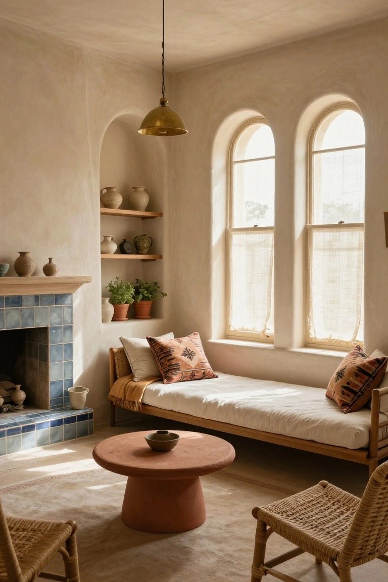 A sunlit living room with beige plaster walls and arched niches shelving assorted pottery vases and potted plants, blue tiled fireplace, low white daybed with orange patterned pillows, terracotta coffee table, rattan chairs, and tall arched windows with sheer curtains.