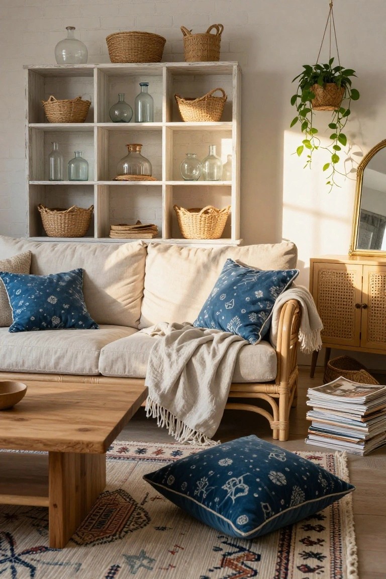 Sunlit living room with white open shelving unit holding wicker baskets and glass bottles, beige linen sofa with indigo batik pillows, rattan armchair draped in light throw, low wooden coffee table with bowl and books, colorful patterned rug, and hanging plant.